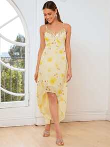 SHEIN Belle 1入組印花高低下擺吊帶裙伴娘禮服