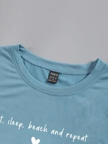 SHEIN Unity Áo thun nữ Tim Slogan Giải trí - Màu xanh bụi bặm - Xem 3