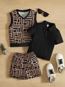 SHEIN Leap Crew Débardeur Imprimé Geo, Short Et Polo Pour Jeune Garçon - Noir - Voir 1