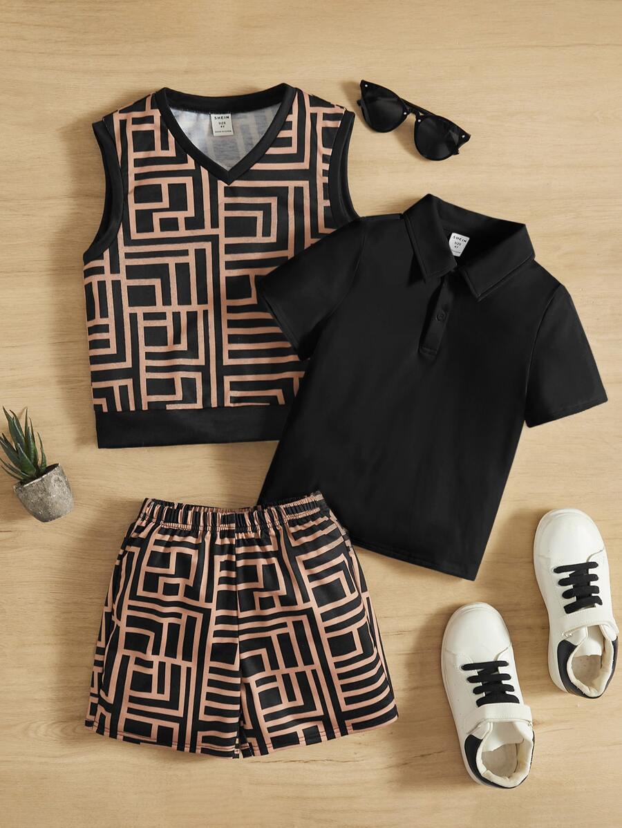 SHEIN Leap Crew Débardeur Imprimé Geo, Short Et Polo Pour Jeune Garçon - Noir - Voir 1