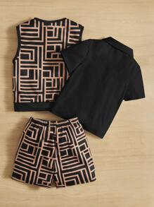 SHEIN Leap Crew Débardeur Imprimé Geo, Short Et Polo Pour Jeune Garçon - Noir - Voir 2