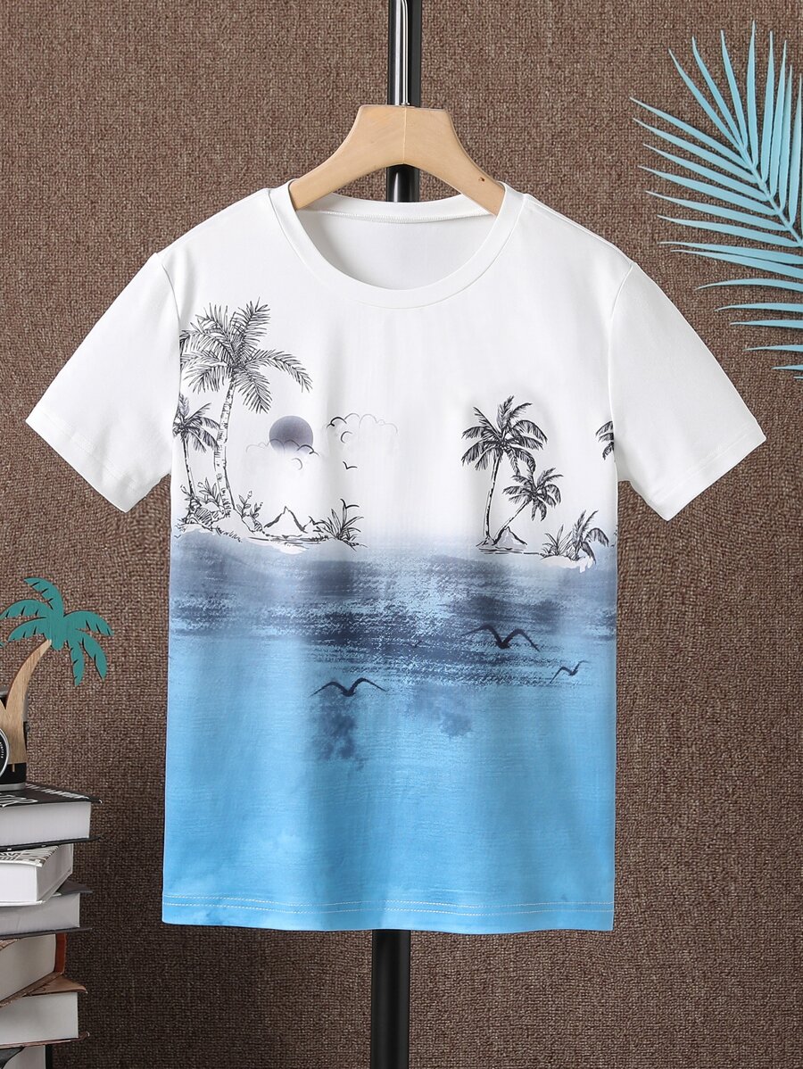Boys Tropical Print Tee - Blue and White - View 1
