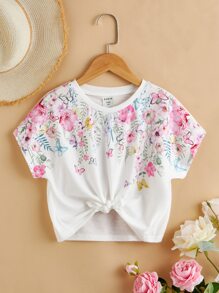 SHEIN Young Girls' Casual Sports Round Neck Batwing Sleeve Knit Short Sleeve T-Shirt With Plant And Floral Print For Summer - White - View 1