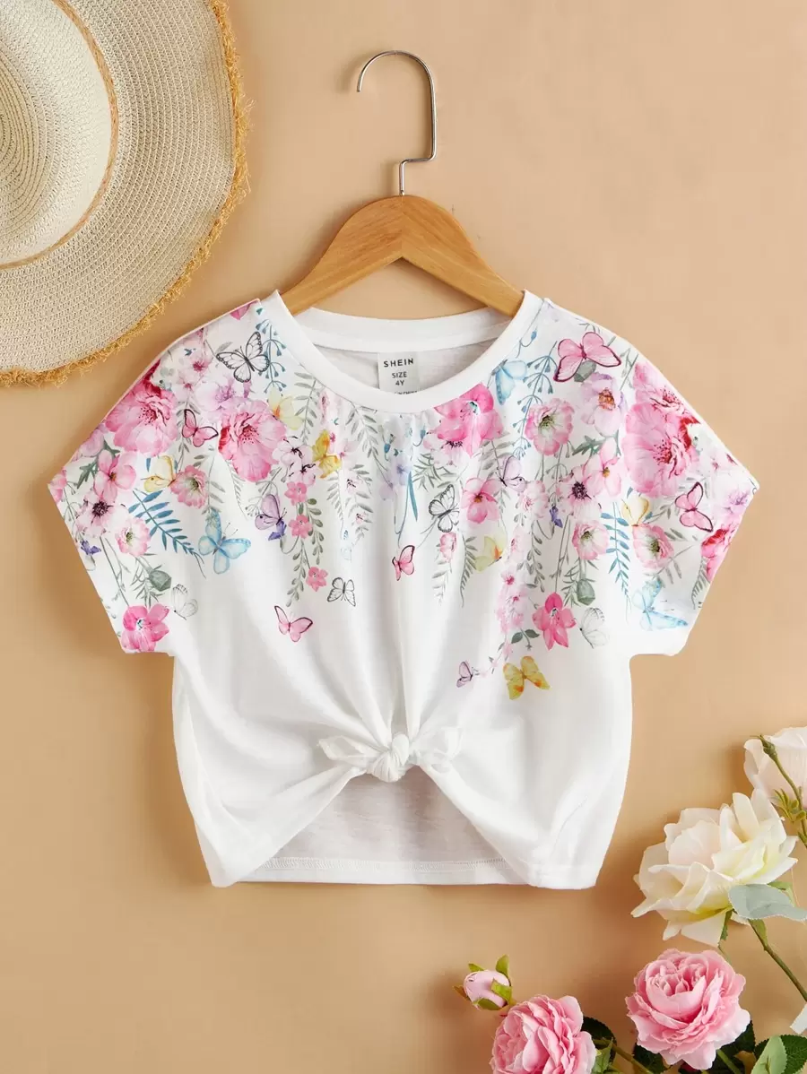 SHEIN Young Girls' Casual Sports Round Neck Batwing Sleeve Knit Short Sleeve T-Shirt With Plant And Floral Print For Summer - White - View 1