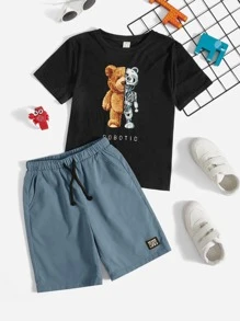 SHEIN Leap Crew Boys Bear & Letter Graphic Tee & Drawstring Waist Shorts - Dusty Blue - View 1