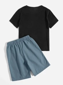 SHEIN Leap Crew Boys Bear & Letter Graphic Tee & Drawstring Waist Shorts - Dusty Blue - View 2