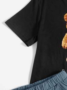 SHEIN Leap Crew Boys Bear & Letter Graphic Tee & Drawstring Waist Shorts - Dusty Blue - View 4