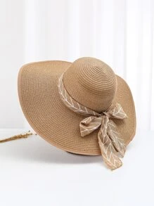 1pc Women Leaf Print Skinny Scarf Decor Boho Style Straw Hat