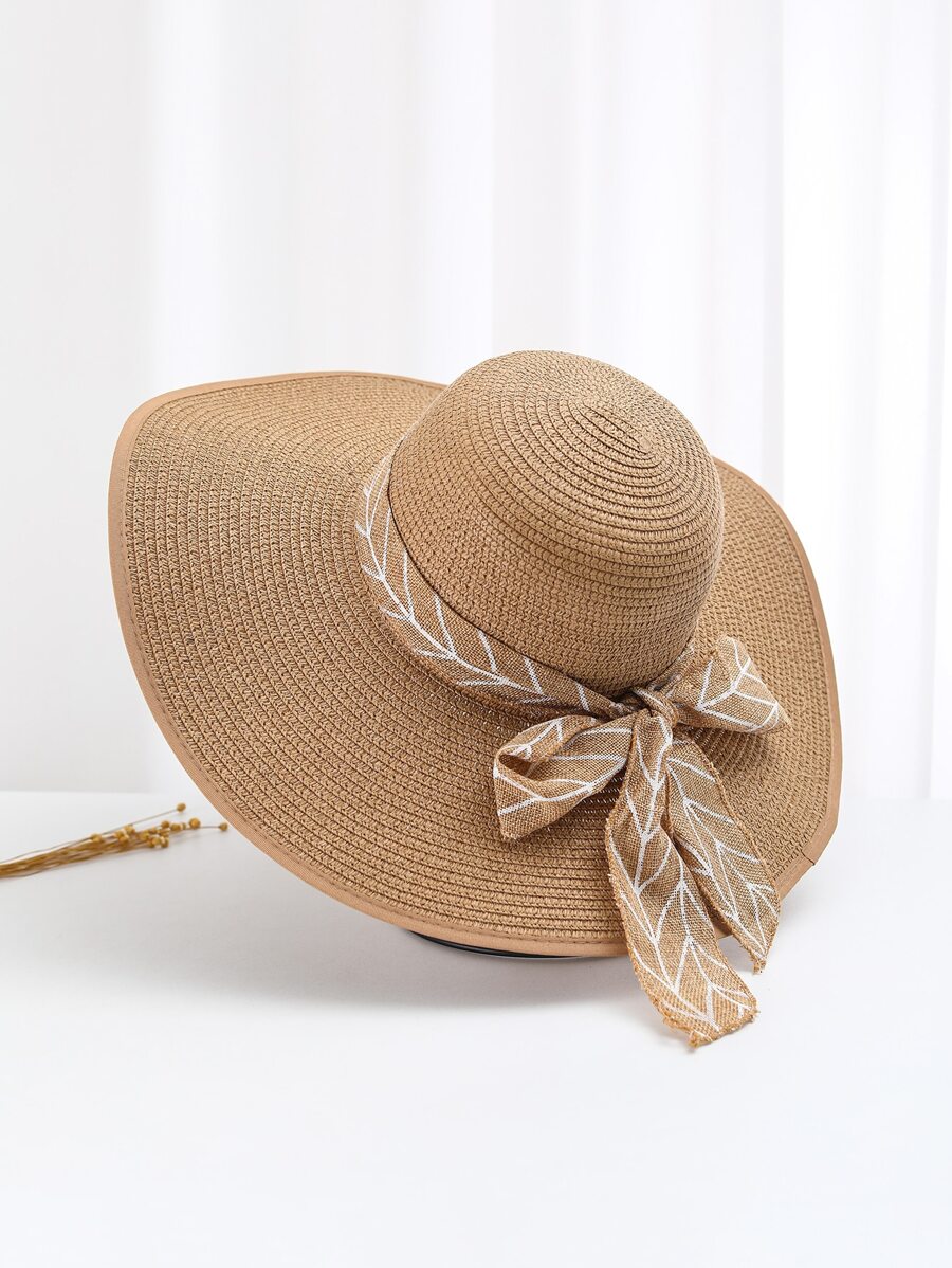 1pc Women Leaf Print Skinny Scarf Decor Boho Style Straw Hat