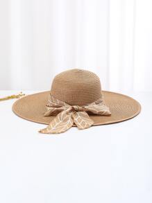 1pc Women Leaf Print Skinny Scarf Decor Boho Style Straw Hat