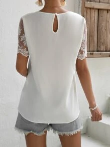 SHEIN Maternity Embroidery Mesh Sleeve Blouse - White - View 2