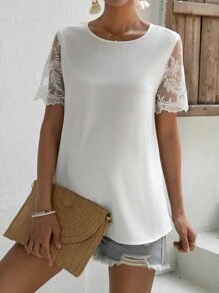 SHEIN Maternity Embroidery Mesh Sleeve Blouse - White - View 5