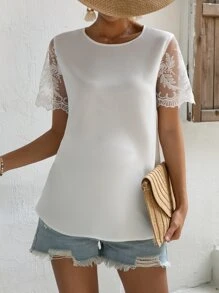 SHEIN Maternity Embroidery Mesh Sleeve Blouse - White - View 1