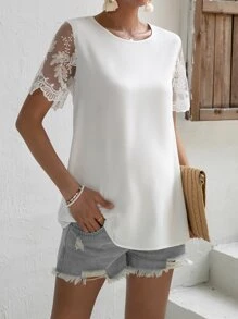 SHEIN Maternity Embroidery Mesh Sleeve Blouse - White - View 6