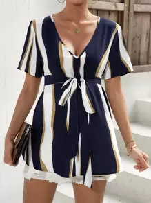 SHEIN Maternity Striped Print Belted Blouse - Multicolor - View 4