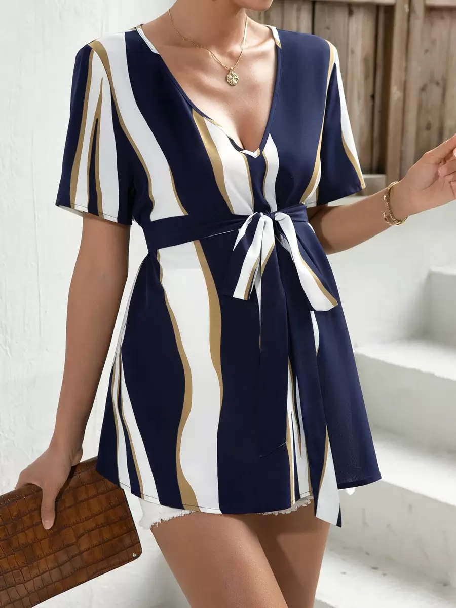 SHEIN Maternity Striped Print Belted Blouse - Multicolor - View 1