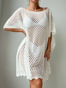Hollow Out Batwing Sleeve Cover Up Dress Without Bikini - White - View 1