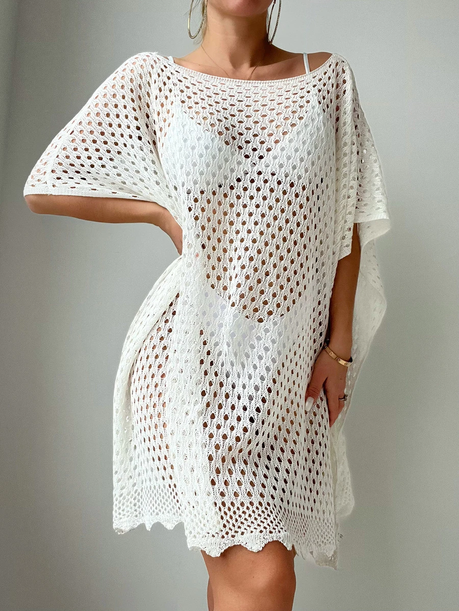 Hollow Out Batwing Sleeve Cover Up Dress Without Bikini - White - View 1