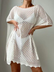 Hollow Out Batwing Sleeve Cover Up Dress Without Bikini - White - View 5