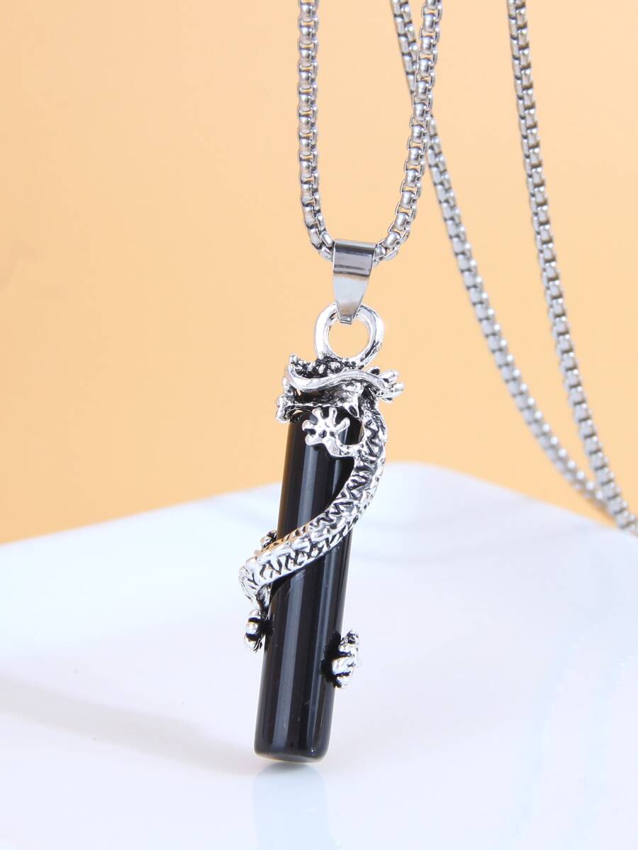 Men Dragon Charm Necklace - Black - View 1