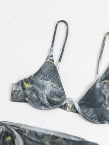 SHEIN Swim Bộ bikini có gọng in họa tiết đá cẩm thạch đi biển mùa hè với váy đi biển - màu đen - Xem 3