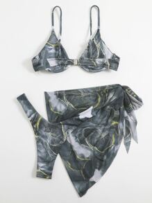 SHEIN Swim Bộ bikini có gọng in họa tiết đá cẩm thạch đi biển mùa hè với váy đi biển - màu đen - Xem 4