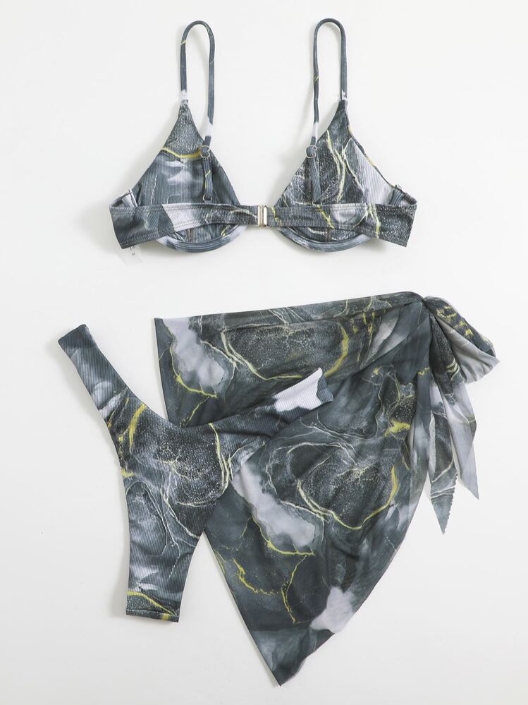 SHEIN Swim Conjunto de bikini con aros estampado de mármol para playa de verano con falda de playa - Negro - Ver 4