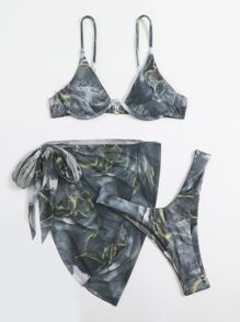 SHEIN Swim Bộ bikini có gọng in họa tiết đá cẩm thạch đi biển mùa hè với váy đi biển - màu đen - Xem 6