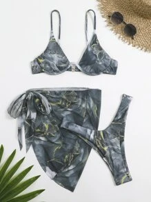SHEIN Swim Bộ bikini có gọng in họa tiết đá cẩm thạch đi biển mùa hè với váy đi biển - màu đen - Xem 7