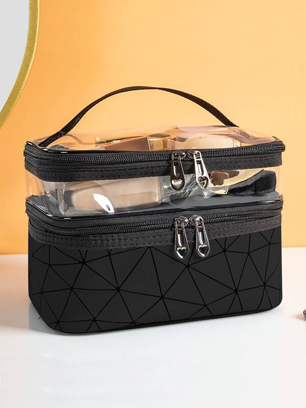 1Pc Multifunction Black Geometry Multi-Layer Portable Large Capacity Travel Storage Makeup Bag For Women Girls Makeup Bag Makeup Pouch Skincare Bag Toiletry Bag Packing Cubes, Travel Essentials Cruise Essentials Dorm Essentials, Wedding Bridesmaid Gifts, Mom Gifts, Birthday Gifts, Gifts For Friends And Teachers, Home Decor, Bathroom Living Room Bedroom Decor, Bathroom Organizer, Jewelry Organizer, Lip Oil Organizer, Nail Polish Organizer Storage Makeup Organizer Makeup Case Makeup Travel Toiletry Organizer Essentials Gifts Storage Zipper Accessories Nail