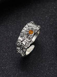Men Eye Decor Cuff Ring - Antique Silver - View 2
