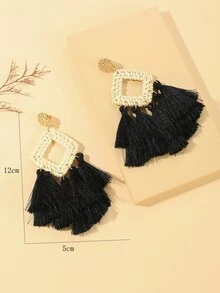 Tassel Decor Geometric Drop Earrings - Black - View 3
