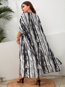 Plus Tie Dye Batwing Sleeve Kimono Without Bikini Set - Black and White - View 2