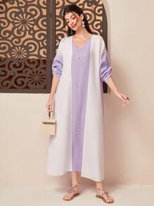 Al Najma Two Tone Roll Tab Sleeve Abaya With Dress - Multicolor - View 1