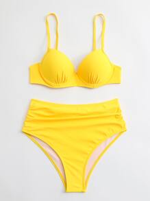 SHEIN Swim 夏季海灘荷葉邊高腰加壓比基尼泳裝套裝