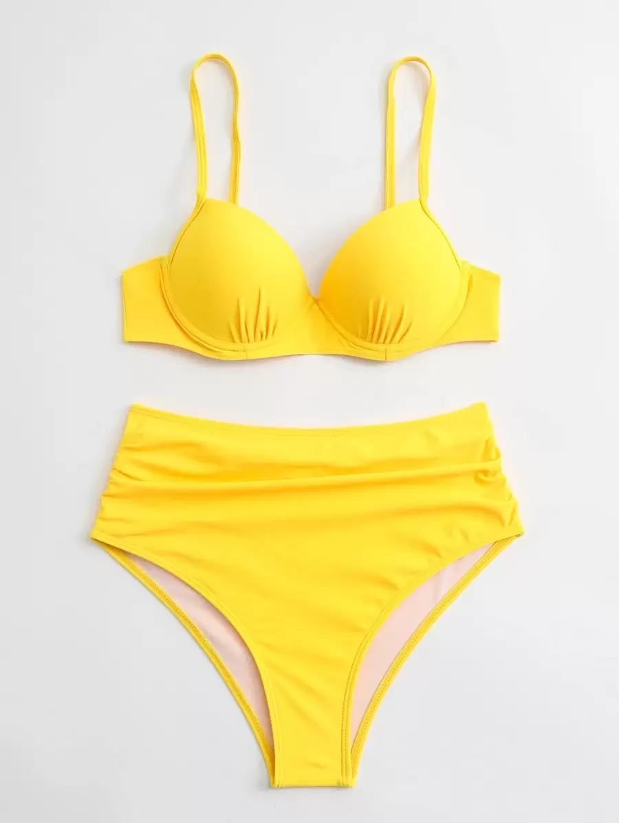 SHEIN Swim 夏季海灘荷葉邊高腰加壓比基尼泳裝套裝