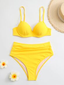 SHEIN Swim 夏季海灘荷葉邊高腰加壓比基尼泳裝套裝