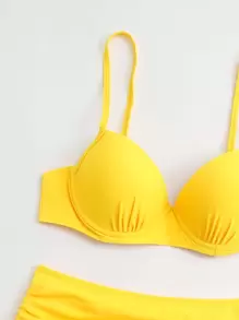 SHEIN Swim 夏季海灘荷葉邊高腰加壓比基尼泳裝套裝