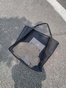 Yogodlns 网眼镂空女士单肩包女式购物手提包，轻便，大容量，便携式网眼沙滩包，非常适合家庭旅行、度假、假日、海滩、露营和徒步旅行，最适合海滩氛围的女士包包，大容量，便携，适合少女女大学生，非常适合返校、开学第一天、中学、高中、购物、度假 - 黑色 - 查看 5