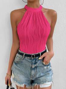 Chiquease Solid Halter Neck Bodysuit - Hot Pink - View 3