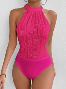 Chiquease Solid Halter Neck Bodysuit - Hot Pink - View 4