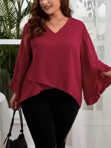 SHEIN Clasi 大碼素色交叉圍裹荷葉袖襯衫 - 酒紅色 - 查看 1