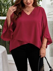 SHEIN Clasi 大碼素色交叉圍裹荷葉袖襯衫 - 酒紅色 - 查看 3