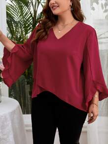 SHEIN Clasi 大碼素色交叉圍裹荷葉袖襯衫 - 酒紅色 - 查看 4