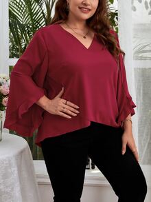 SHEIN Clasi 大碼素色交叉圍裹荷葉袖襯衫 - 酒紅色 - 查看 5