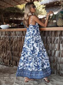 SHEIN VCAY Đầm Viên lá sen Hoa Tất cả trên in Boho - Xanh và trắng - Xem 6