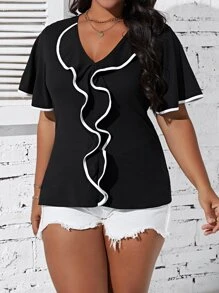 SHEIN Clasi 大碼撞色滾邊荷葉邊蝴蝶袖T恤 - 黑色 - 查看 1