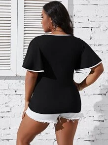 SHEIN Clasi 大碼撞色滾邊荷葉邊蝴蝶袖T恤 - 黑色 - 查看 2