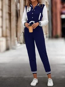 SHEIN LUNE Áo liền quần nữ Dây kéo Nút phía trước Lá thư Sọc Giải trí - Màu xanh hải quân - Xem 3