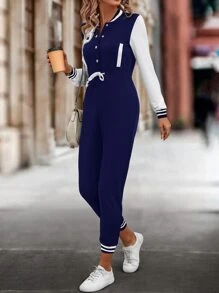 SHEIN LUNE Áo liền quần nữ Dây kéo Nút phía trước Lá thư Sọc Giải trí - Màu xanh hải quân - Xem 4